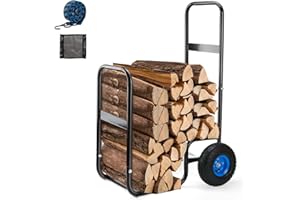 SANMEO 250 LBS Capacity Firewood Log Cart-Heavy Duty Steel Wood Carrier with Pneumatic Rubber Wheels for Fireplace,Fire Pit,Indoor & Outdoor(without cover)