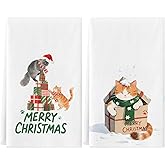 Hluvibbi Merry Christmas Kitchen Towels Dish Towels, 17x27 Inch Daily Seasonal Winter Decoration Funny Hand Towels Set of 2,Cute Cat Farmhouse Decor(Cat)