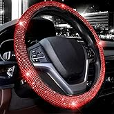 Valleycomfy Steering Wheel Cover for Women Bling Bling Crystal Diamond Sparkling Car SUV Wheel Protector Universal Fit 15 Inch (Black with Red Diamond,Standard Size(14" 1/2-15" 1/4))