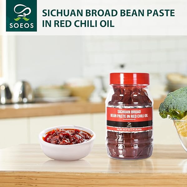 SOEOS SICHUAN BROAD BEAN PASTE WITH CHILI OIL 28.22OZ (800G), HONGYOU DOUBANJIANG, PIXIAN DOUBANJIANG CHILI PASTE, INGREDIENT FOR SICHUAN CUISINE, FERMENTED BEAN PASTE, RED BEAN PASTE, CHILI PASTE.