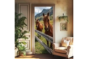arricraft 2 Pcs 3D Self-Adhesive Door Sticker, 31.5"x78.7" Natural Horse Pasture Wooden Fences Decorations Door Murals Sticke