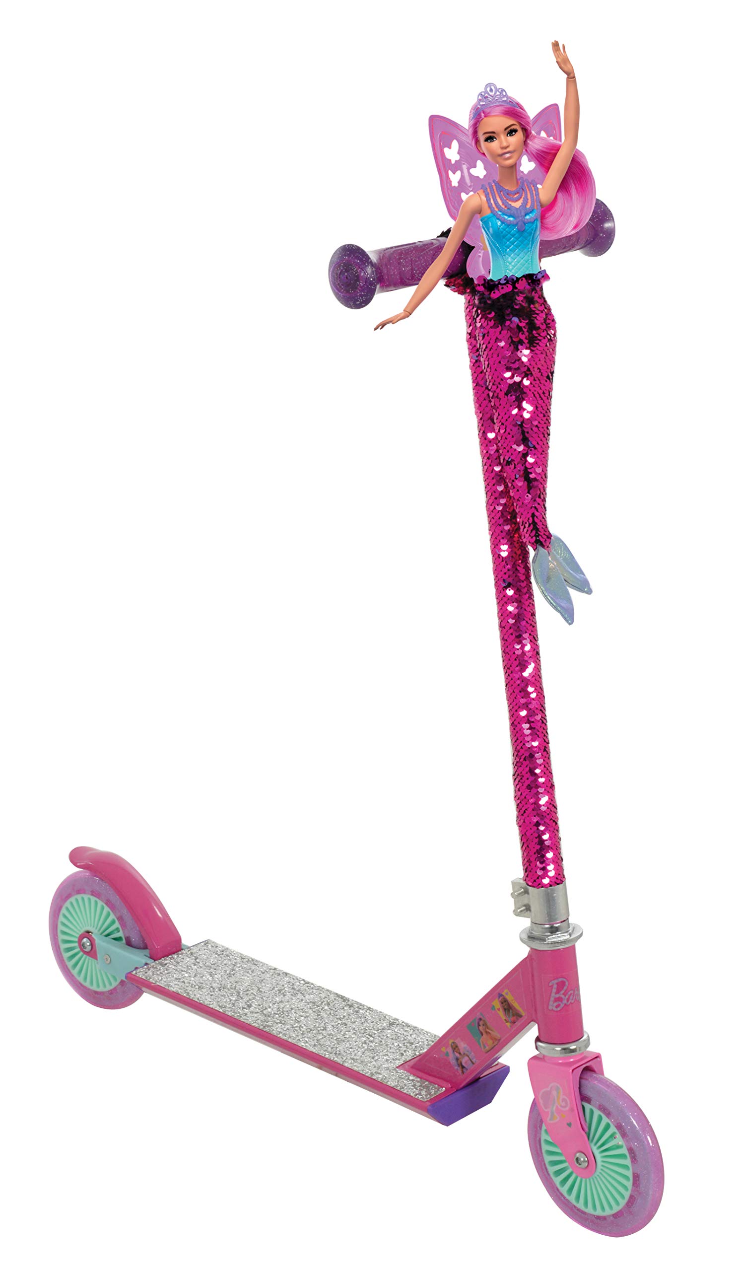 Girls Barbie Mermaid Sequin Inline 2 Wheel Kids Scooter | Pink Glitter Reversible Stem Age 5+