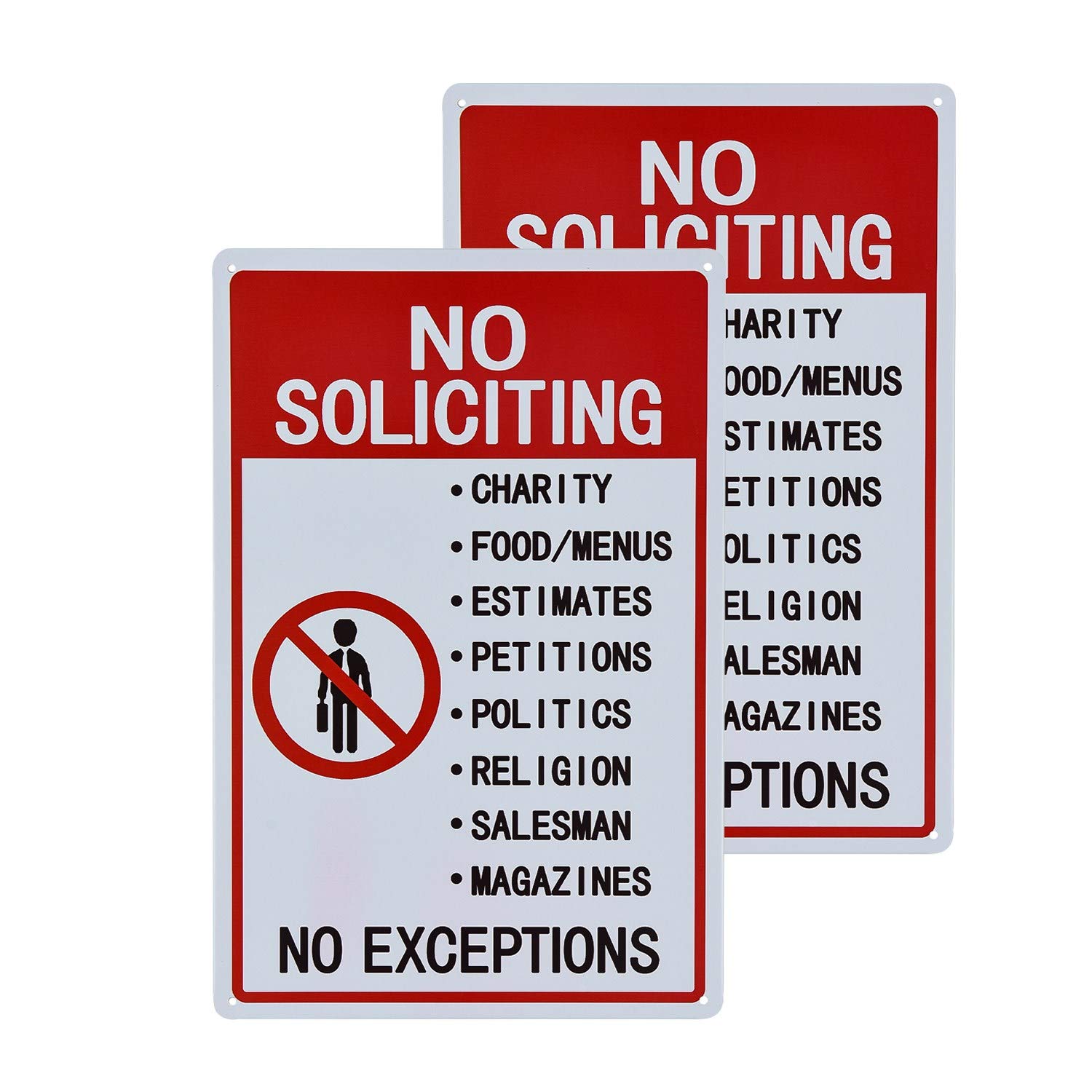 不适用 No Soliciting Sign (2 Pack), No Exceptions Metal Warning Sign,Indoor & Outdoor Use for Home Business, UV Protected & Waterproof, Easy to Mount