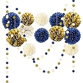 NICROLANDEE 15 PCS Navy Blue Gold Tissue Paper Pom Poms for Men Birthday, Baby Bridal Shower, Wedding, Bachelorette, Graduations, Navy Blue Engagement Party Backdrop Dot Paper Decorations