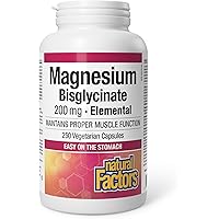Natural Factors Magnesium Bisglycinate 200 mg, 250 Capsules, Gentle on the Stomach, Maintains Proper Muscle Function, Support