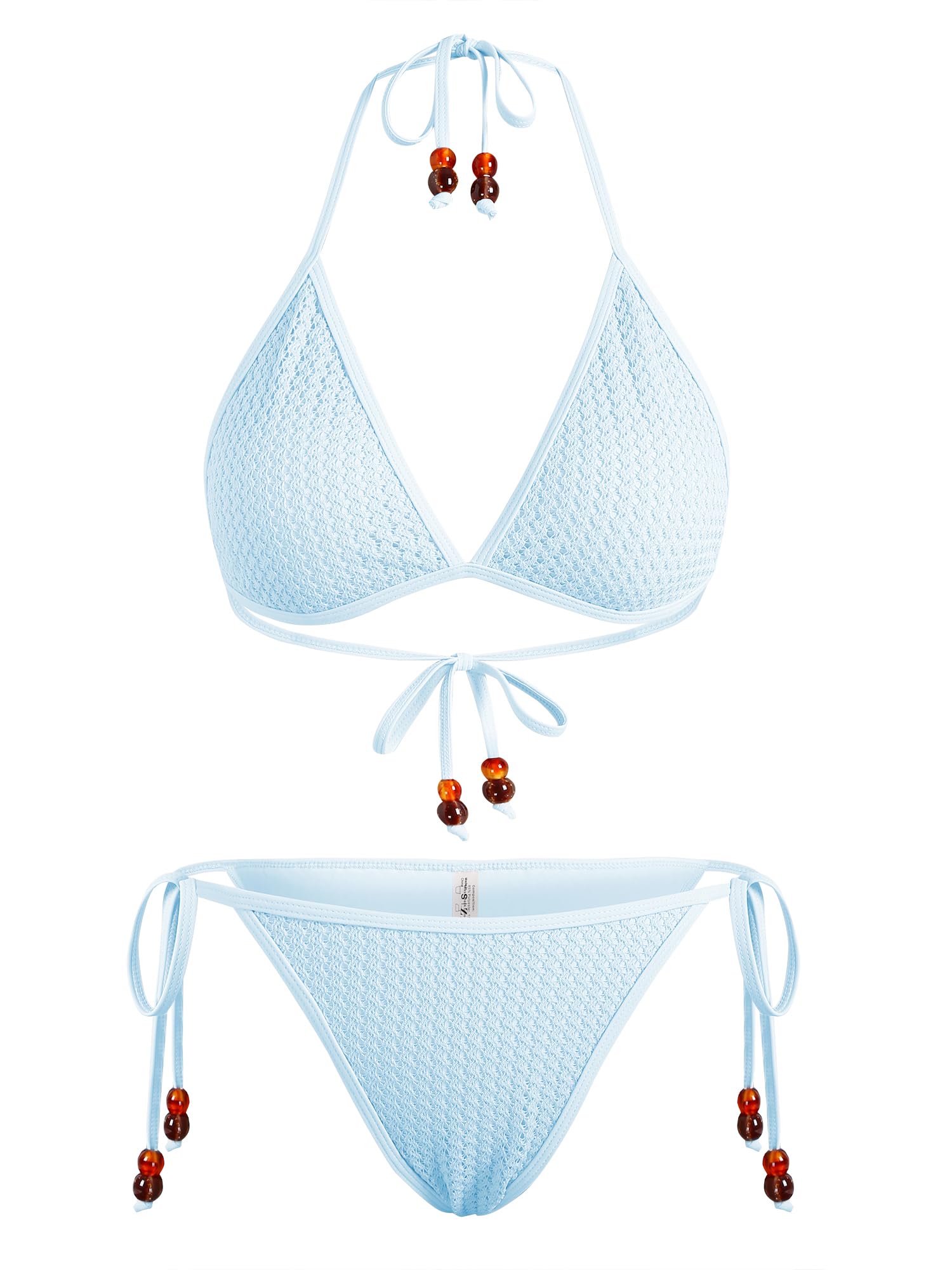 ZAFUL Women Bikini Set Two Piece Textured Beaded Tie Back Halter Cheeky ...
