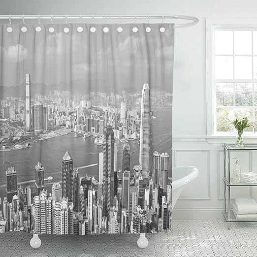 Amazon Com Semtomn Shower Curtain City Blue Hong Hongkong Black