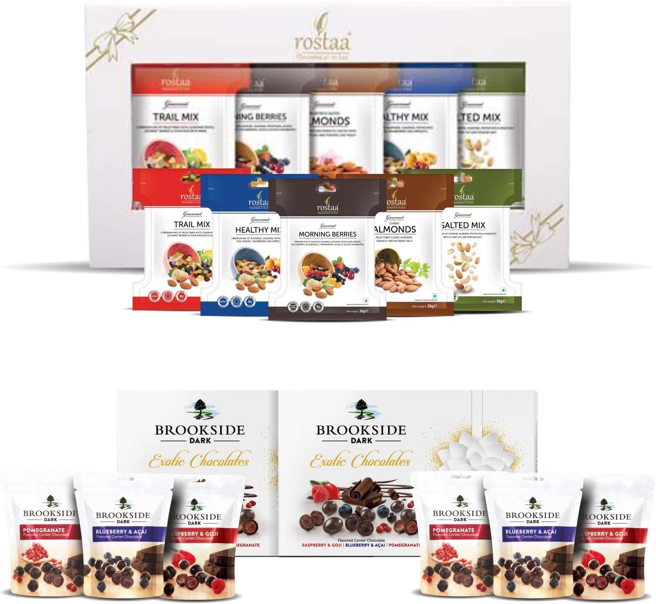Rostaa Celebration Box (200gm) & Brookside Assorted Gift Box (135gm x 2) - Dry Fruits and Chocolates Combo