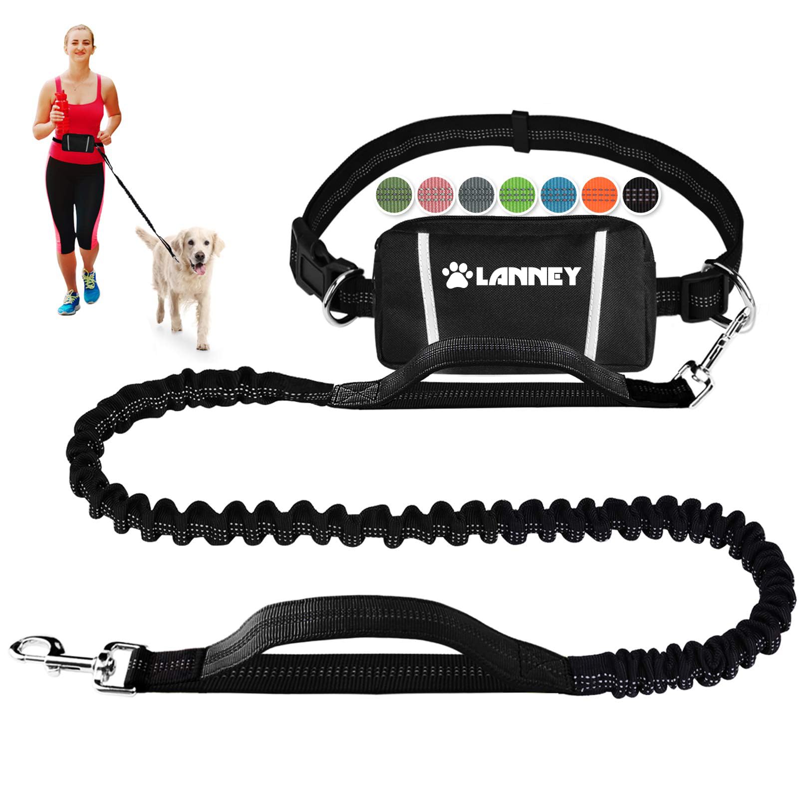 Hands Free Dog Leash, Waist Dog Running Leash for Medium to Large Dogs, Retractable Bungee for Walking Jogging Training Hiking, Adjustable Waist Belt, Dual Handle