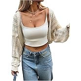 SHENHE Women's Open Front Crop Cardigan Long Sleeve Shrug Sweater Hollow Out Crochet Tops
