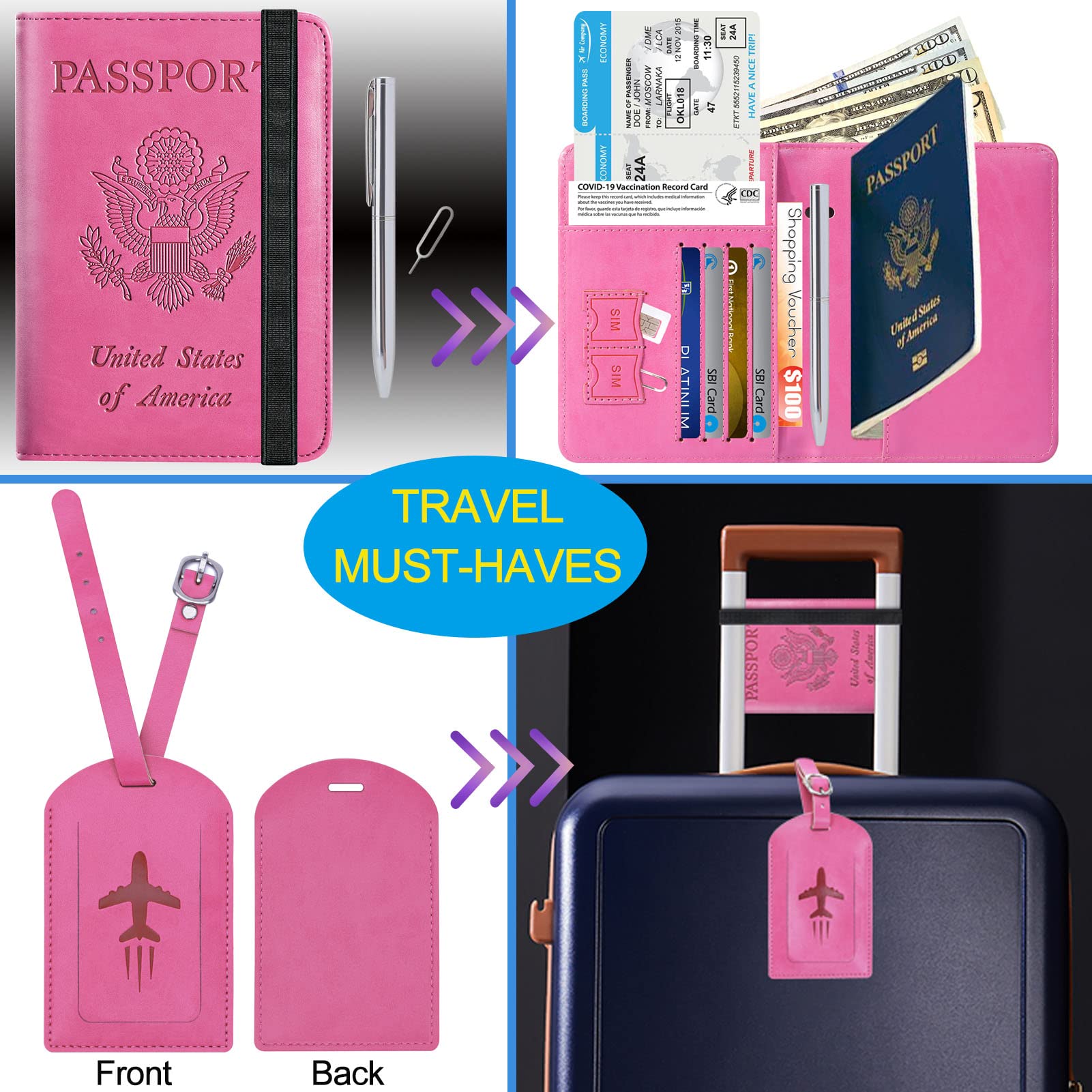 Passport Holder With Luggage Tag Travel Essentials Passport Cover Travel Wallet RFID Blocking Leather Case International Travel Must Haves Travel Accessories Women Men(115#Pink)