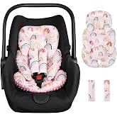 CARUILI Infant Car Seat Insert, Car Seat Head Support Baby Girls with 2 Strap Covers, Soft &amp; Reversible Newborn Carseat Insert Cushion for Stroller, Swing, Bouncer (Pink Rainbow)