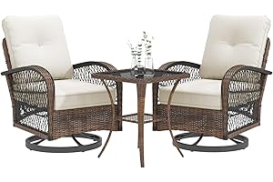 EROMMY 3 Pieces Patio Furniture Set, Outdoor Swivel Rocker Patio Chairs, Wicker Patio Bistro Set with Rocking Chair, Thickened Cushions and Glass Coffee Table for Backyard, Garden, Beige