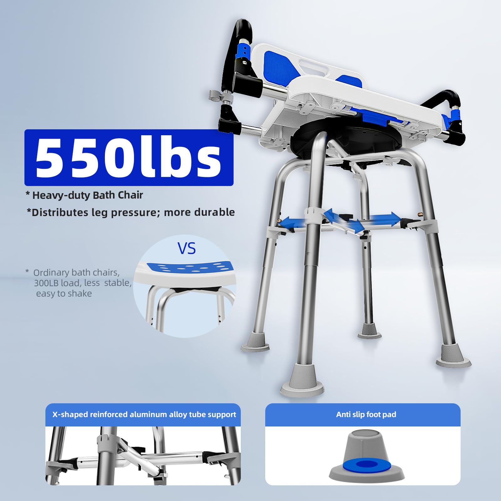 Swive Shower Chair with Arms and Back Heavy Duty 500 lbs for Seniors Elderly Disabled or Bariatric Adults Bench Seat for Inside Shower Stall and Bathroom Bath Tub Seats Adjustable Stool