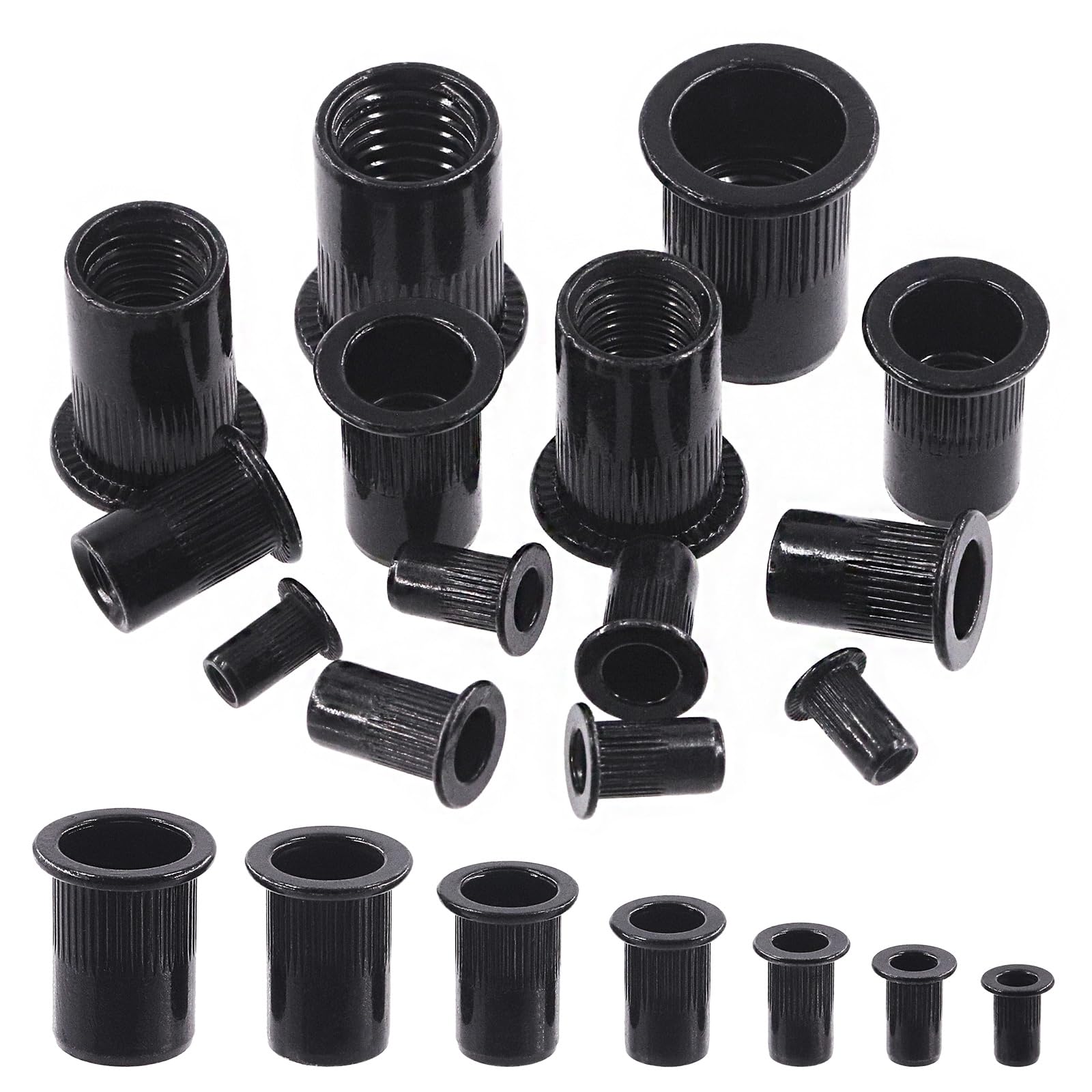 Rustark 100Pcs M6 Rivet Nuts Carbon Steel Black Zinc Plated Rivet Nuts Knurled Flat Head Rivnuts Threaded Insert Nuts