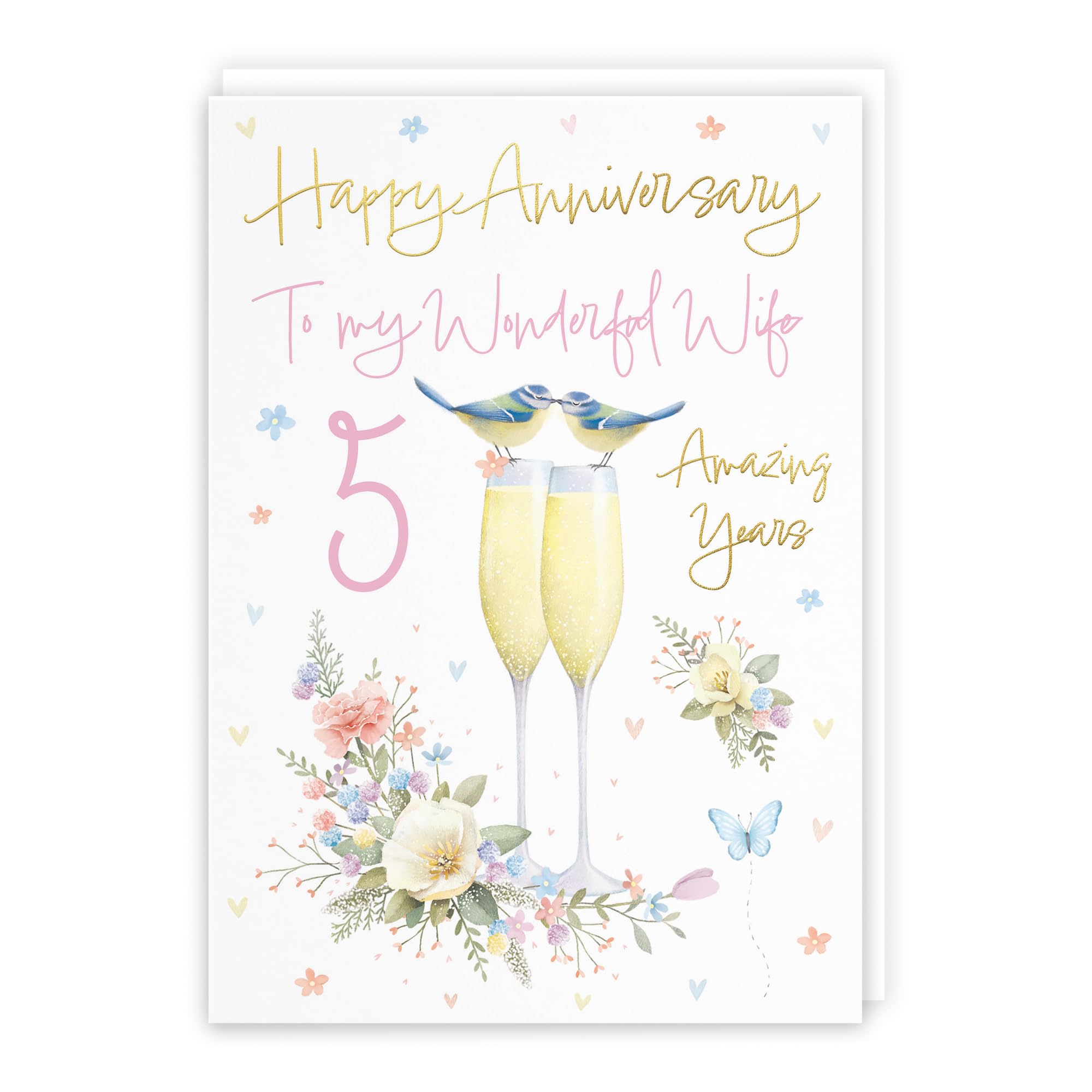 Hunts England - Wife 5th Anniversary Card - A5 Size - Champagne Flutes - Gold Foil - Luxury 5th Anniversary Card For Wife - Five Years - 5th Anniversary - Milo's Gallery