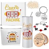 Patelai 7 Pcs Casino Gifts for Women Slot Machine Gifts for Gamblers Include 20 oz Queen of the Machine Stainless Steel Insulated Tumbler Makeup Bag Compact Mirror Keychain Bracelet with Box