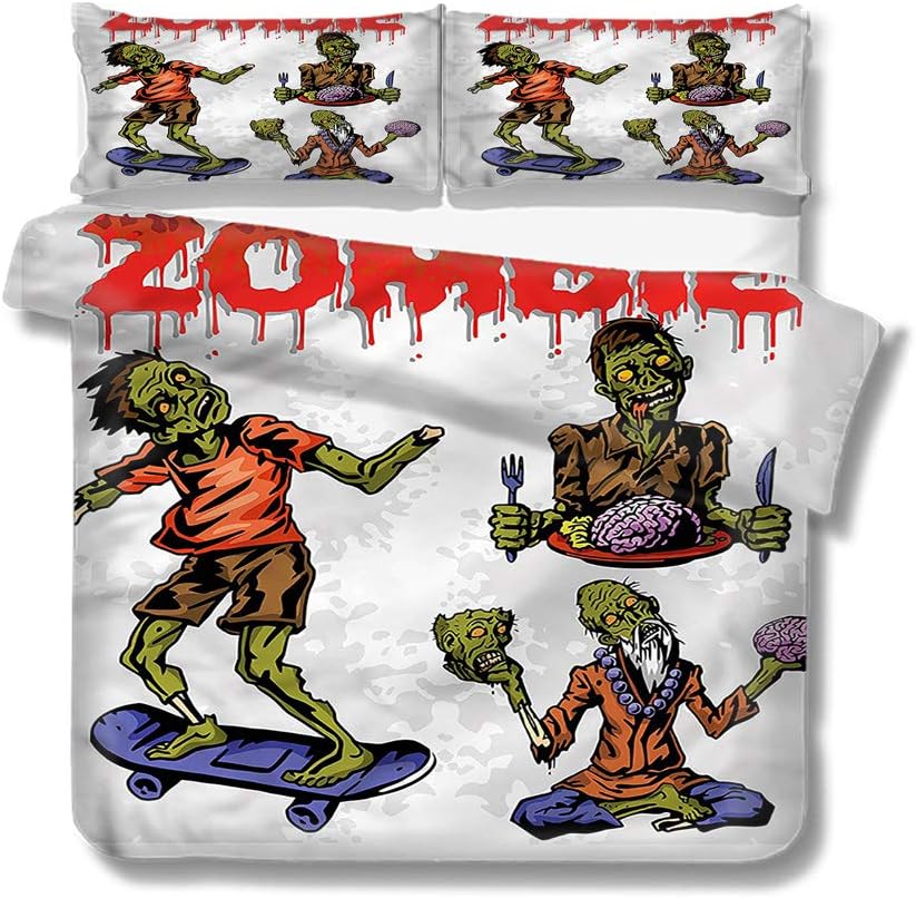 Mademai Queen Size Duvet Cover Set Zombie,Man Eating Brain Decorative 3 Piece Bedding Set with 2 Pillow Shams