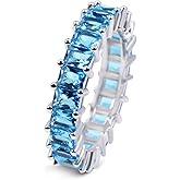 Savlano 18K White Gold Plated Blue Cubic Zirconia 4x4MM Square Princess Cut Eternity Ring Band for Women