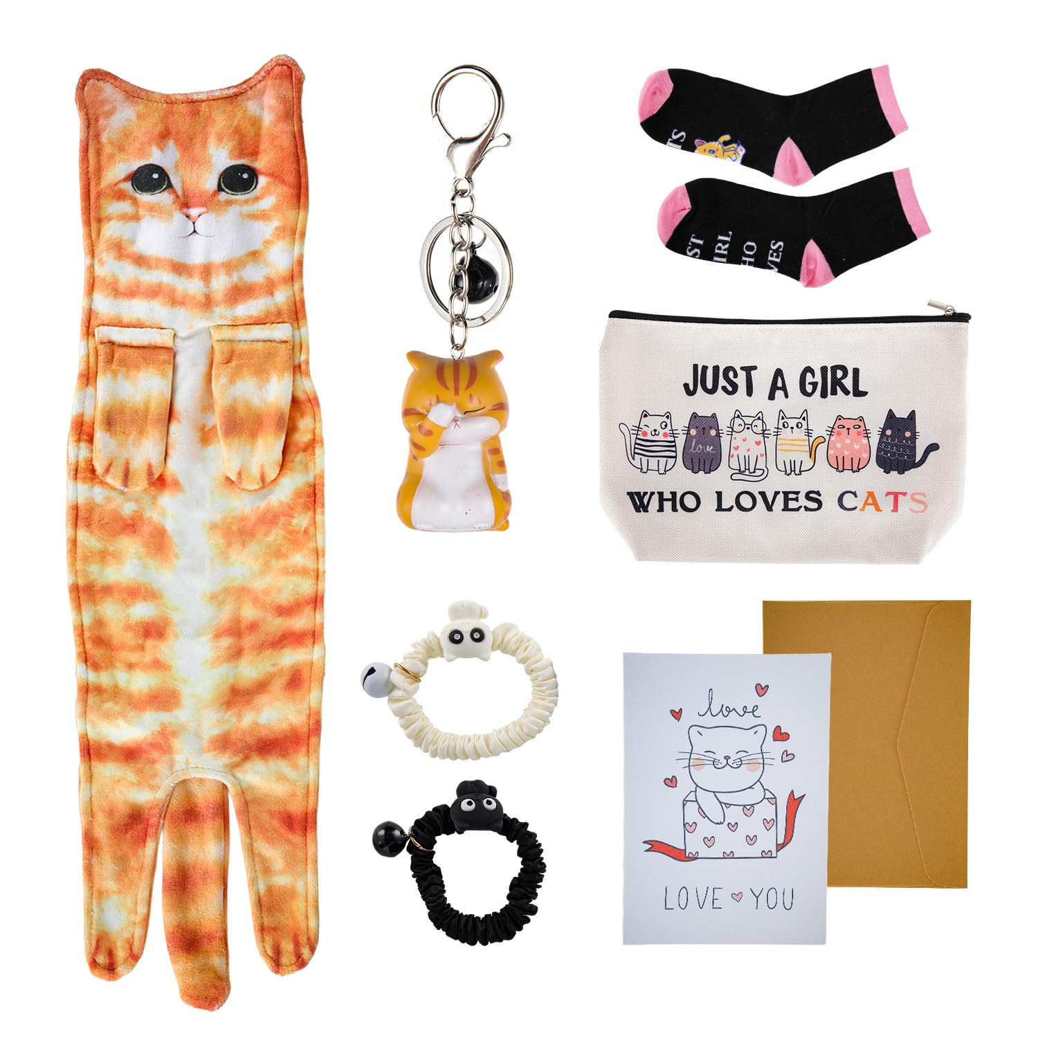 Cat Gifts for Women, 9 Pack Cat Gifts for Cat Lovers, Gift Basket with Cat Hand Towel, Cosmetic Bag, Key Chain, Socks, Hair Ropes and Greeting Card Cat Lover Gifts, Cat Gifts for Girls