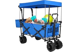 AthLike Extra Large Collapsible Wagon w/Removable Canopy, 250lbs Foldable Garden Cart w/Rear Storage, Heavy Duty Outdoor Push&Pull Utility Camping Beach Stroller w/Big Wheel&Adjustable Handles, Blue
