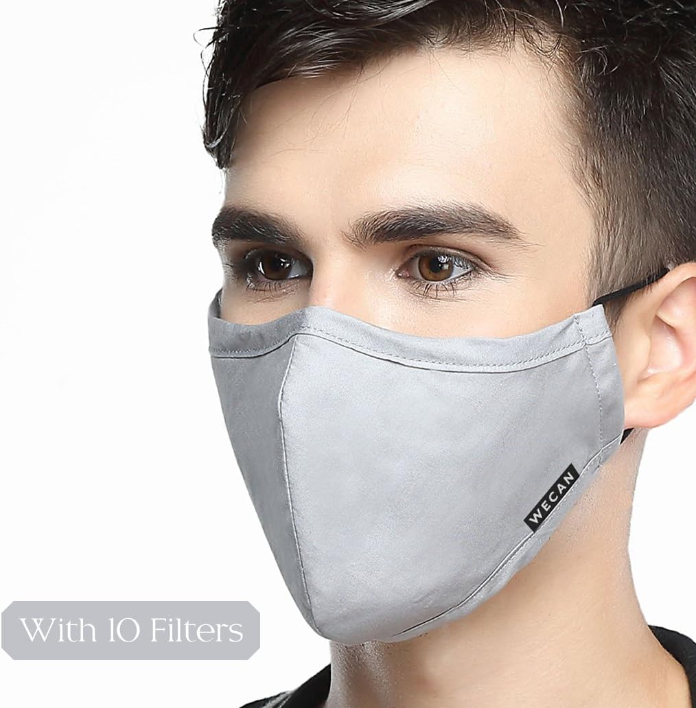 Dust Mask 5 Layer Activated Carbon Filter Washable Replaceable Filter For Man And Women (One Mask + 10 filters) Men Light Grey