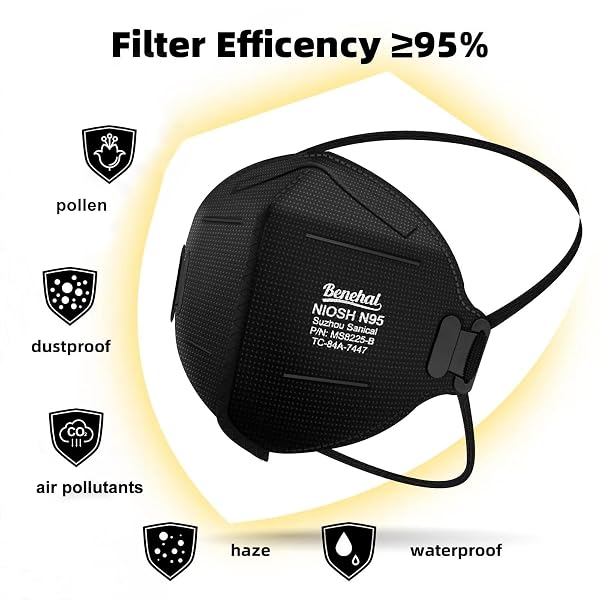N95 FACE MASK BLACK 50 PACK NIOSH CERTIFIED N95 DISPOSABLE RESPIRATOR 5-PLY SAFETY BREATHABLE FACE MASKS FILTER EFFICIENCY 95% ADJUSTABLE COMFORTABLE PROTECTION AGAINST PM2.5 DUST FOR ADULT MEN WOMEN