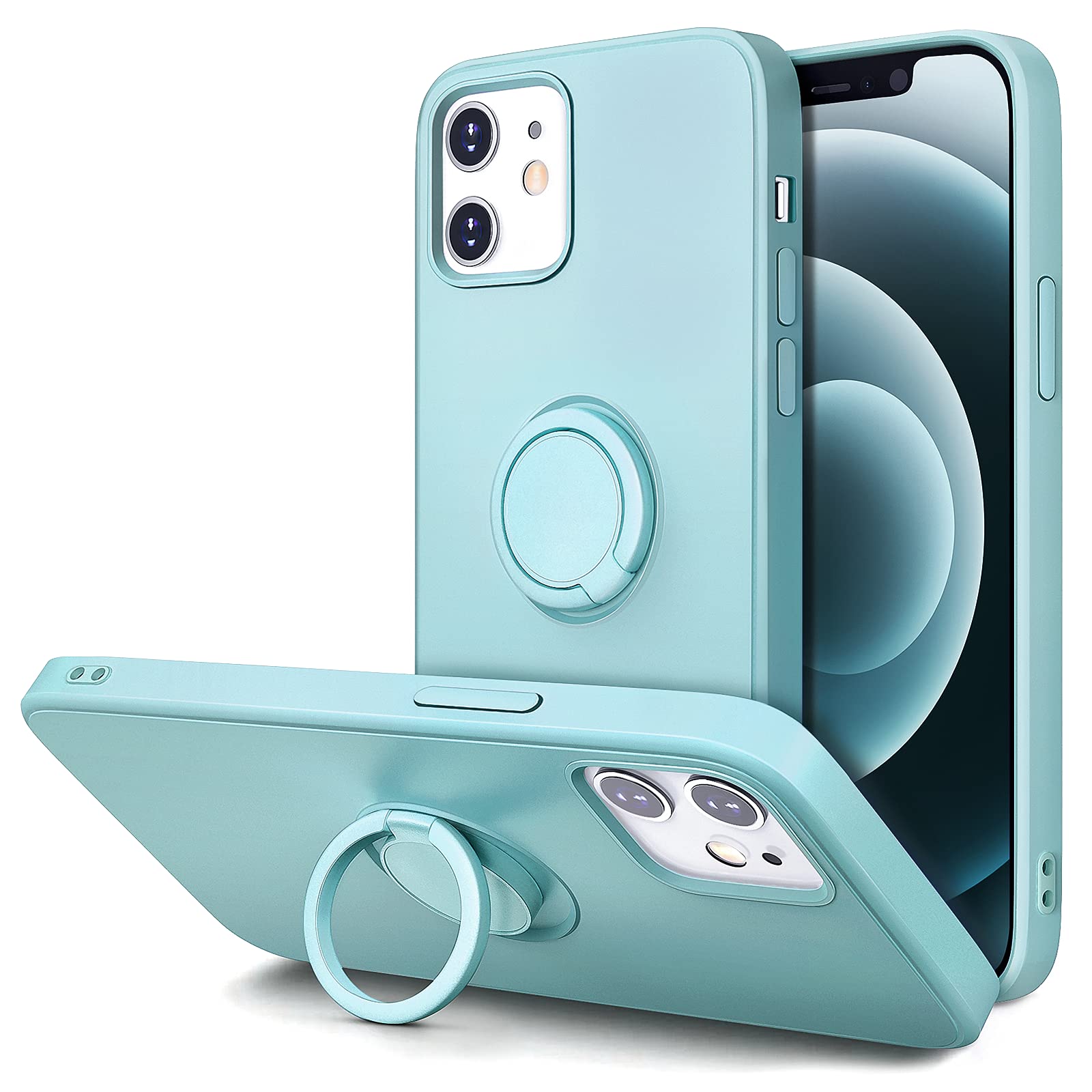 Photo 1 of Hython Case for iPhone 12 Case & iPhone 12 Pro Case with Ring Stand, 360° Rotatable Ring Holder Magnetic Kickstand, Shockproof Rubber Protective Phone Case Cover with Inner Microfiber Lining, Mint