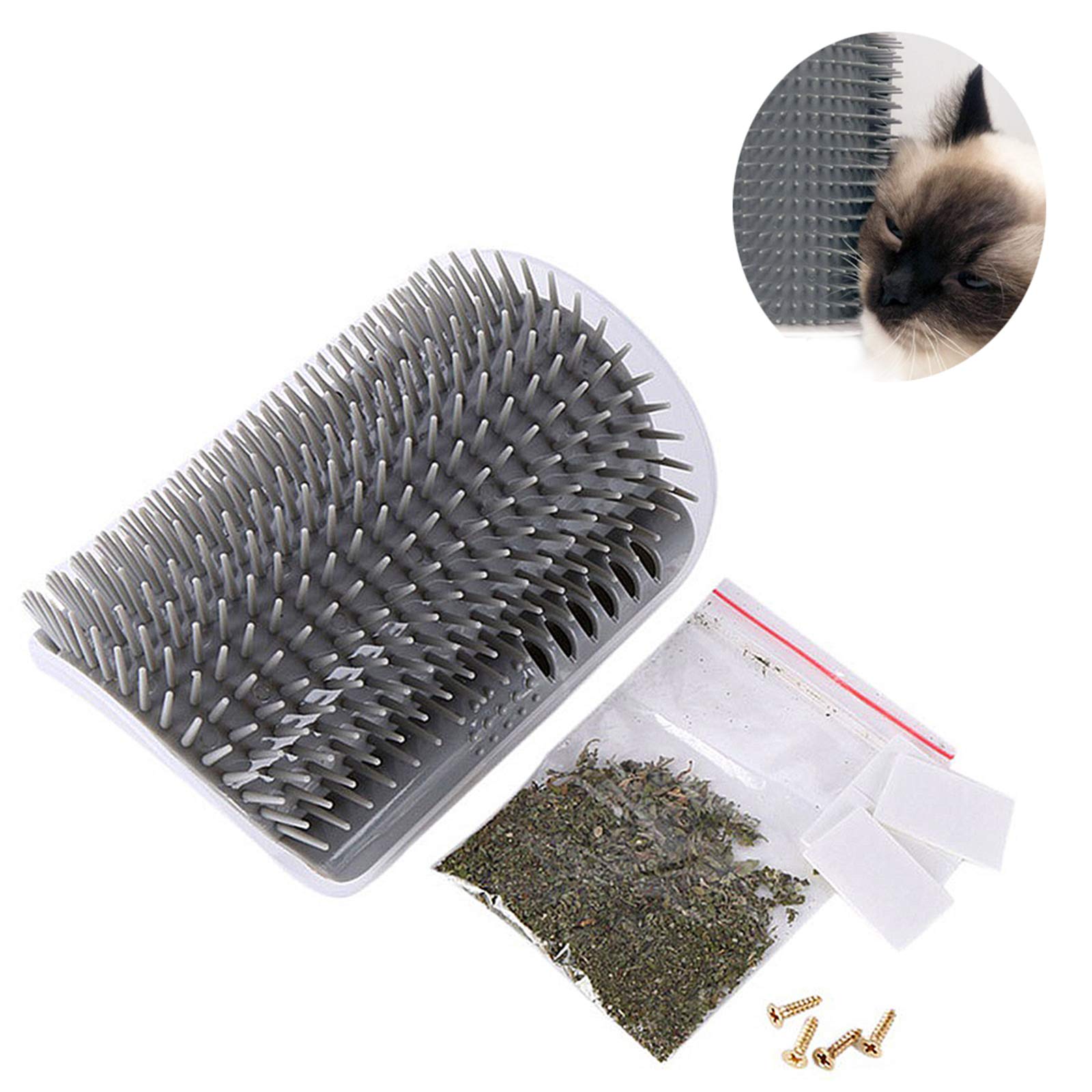 Cat Self Groomer Wall Corner Massage Tool Grooming Comb Toy with Catnip Perfect for Cat with Long/Short Fur (Grey)