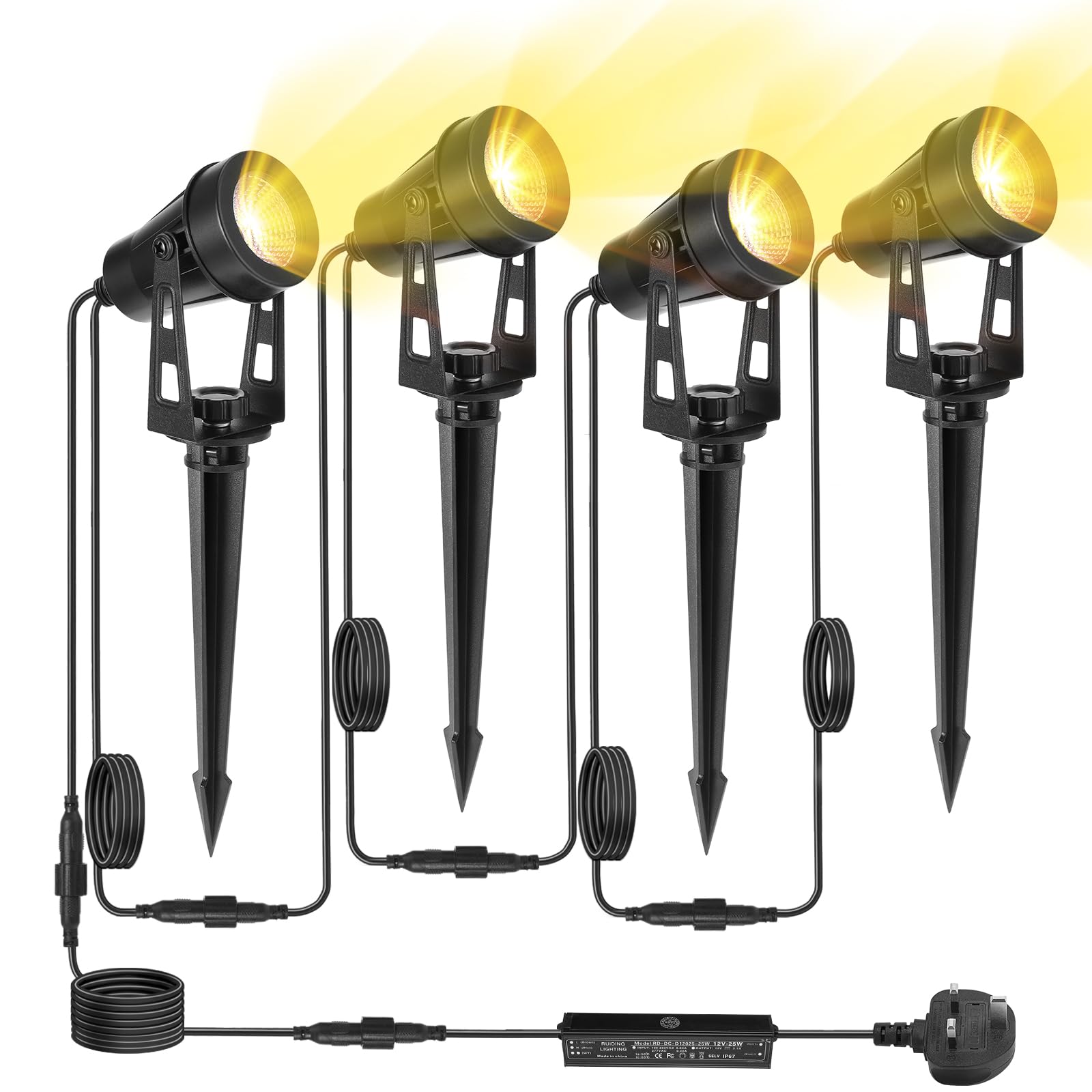 HUAEU Garden Spotlights Mains, 14 M, 4-in-1 Outdoor LED Spotlight, Warm White, 3000 K, 12 V, IP65 Waterproof Garden Uplighter, Landscape Floodlight for Patio, Party, Outdoor, Trees, Lawn