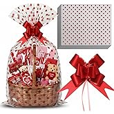 Teenyyou 24 Pcs Cellophane Bags for Basket 24 x 30 Inches & 24 Pcs Large Pull Bows, X-Large 2.5 Mil Thickening Plastic Cellophane Bags for Valentine's Day Birthday Party Gift Wrapping(Dot)