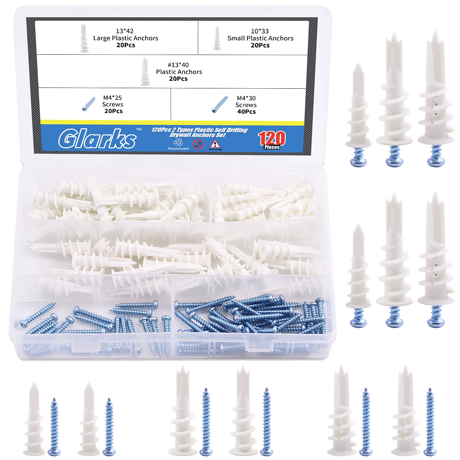 Glarks 120Pcs 2 Types Plastic Self Drilling Drywall Anchors, Reinforced Nylon Self-Drilling Anchors with Screws Kit for Hanging Items
