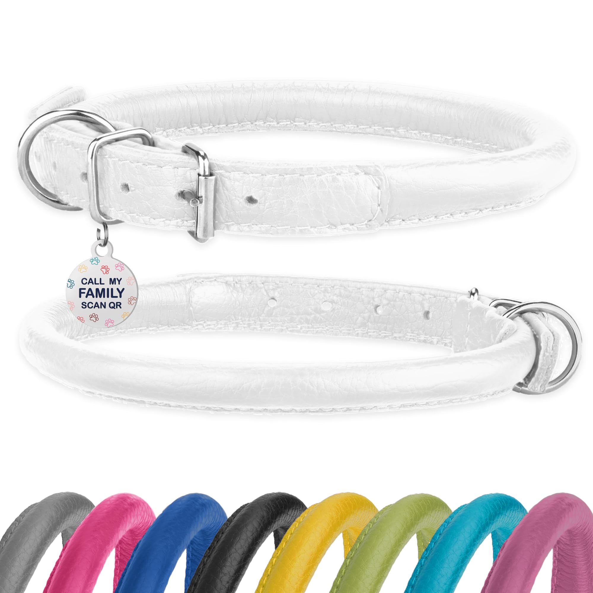 Photo 1 of Rolled Leather Dog Collar Soft Round Collars, ID Tag for Small Medium Large Dogs (9-12 inch, White)