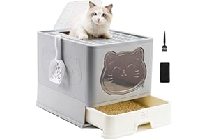 HelloMiao Fully Enclosed Cat Litter Box with Lid, Foldable Extra Large Cat Toilet, Drawer Type Cat Litter Tray with Plastic S