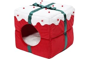 Cat Nest Christmas Box Shape Rabbit Bed 14x14x14 Large Guinea Pig Hideout Plush Warm Bunny Hut Cave with Removable Mat for Bu