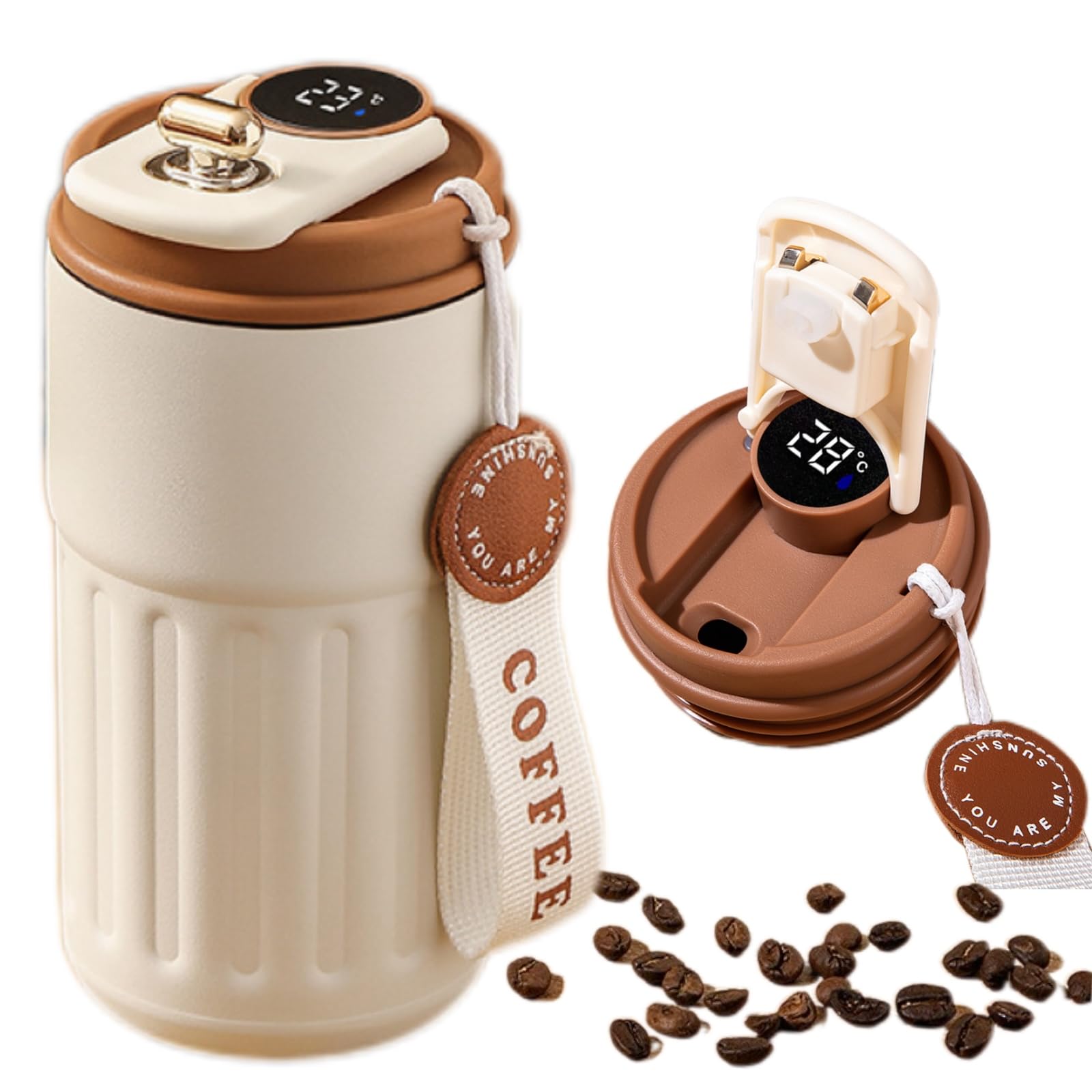 Brown Stainless Steel Insulated Cup, 460ml Coffee Thermal Mug, Thermal Mug with Temperature Indicator for Hot Water, Coffee, Tea and Cold Drinks for Home Travel Office — image 1