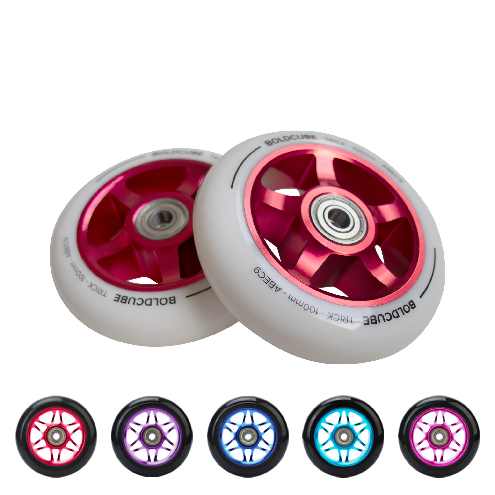 BOLDCUBE Stunt Scooter Wheels 100mm Pair - Pro Stunt Wheels Alloy Core - ABEC9 Bearings (Star: Red/White, 2 Wheels)