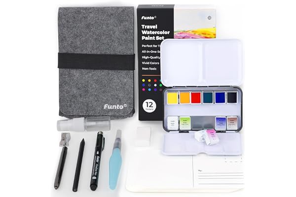 Funto Travel Watercolor Set, 12-Color Paint, 10 Premium Watercolor Postcards, Water Brush Pen, Fineliner, Pencil, and Spray B