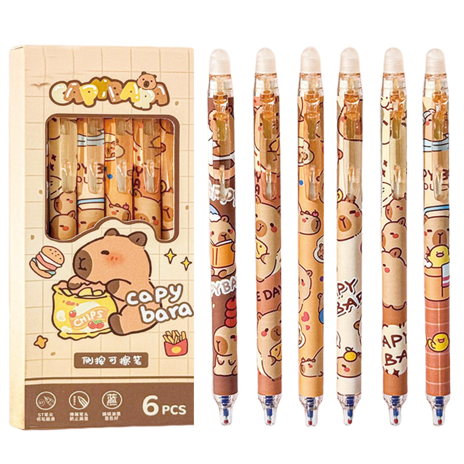 Photo 1 of MOZXIRZ 6 Pcs Cute Erasable Retractable Pens - Erasable Gel Ink Pens with Cartoon Capybara Design, 0.5mm Fine Point Blue Ink, Perfect for Office, School, Women, Girls, Boys