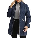 Freetrack Women's Plus Size Long Quilted Jackets Diamond Quilted Lightweight Jacket Stand Collar for Spring Fall