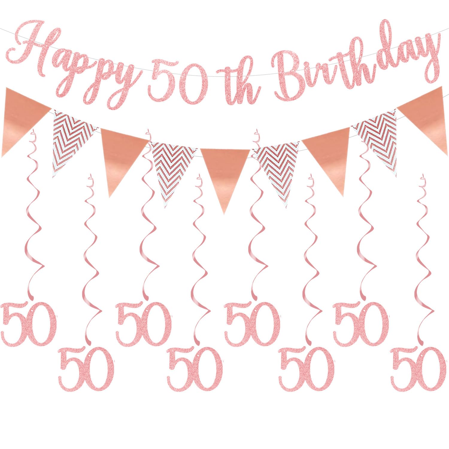 Elicola 50th Birthday Decorations Happy 50th Birthday Bunting Banner With 8PCS Hanging Swirls Streamers for Women Birthday Anniversary Party Decor Supplies