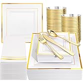 Festiva 350Pcs Gold Plastic Plates - Disposable Square Gold Plates Dinnerware set include 9.5"/6" Plates,Cups,Plastic Cutlery,Hand Napkins Perfect for 50 guests Party&Birthday&Wedding