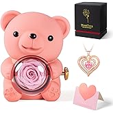 mountova Romantic Teddy Bear with Preserved Rose, Real Rose in Elegant Gift Box with Necklace for Women, Bear Roses Gifts for Valentine's Day,Weddings,Mother's Day,Anniversary,Birthday,Christmas, Pink