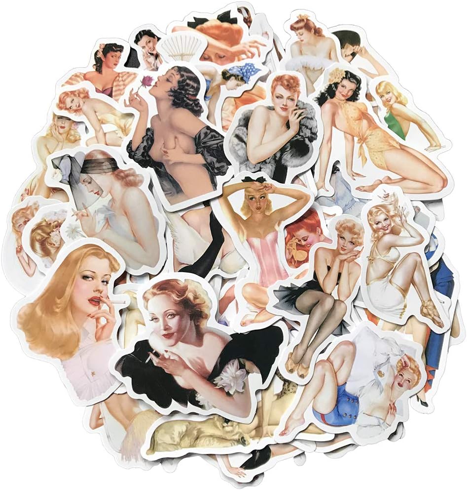 Sexy Woman Pin Up Girl Stickers, Laptop Skateboard Motorcycle Water Bottle Car Bike Luggage Trolley Case Guitar Decoration Vinyl Waterproof Decals 50 PCS No-Duplicate Stickers Pack