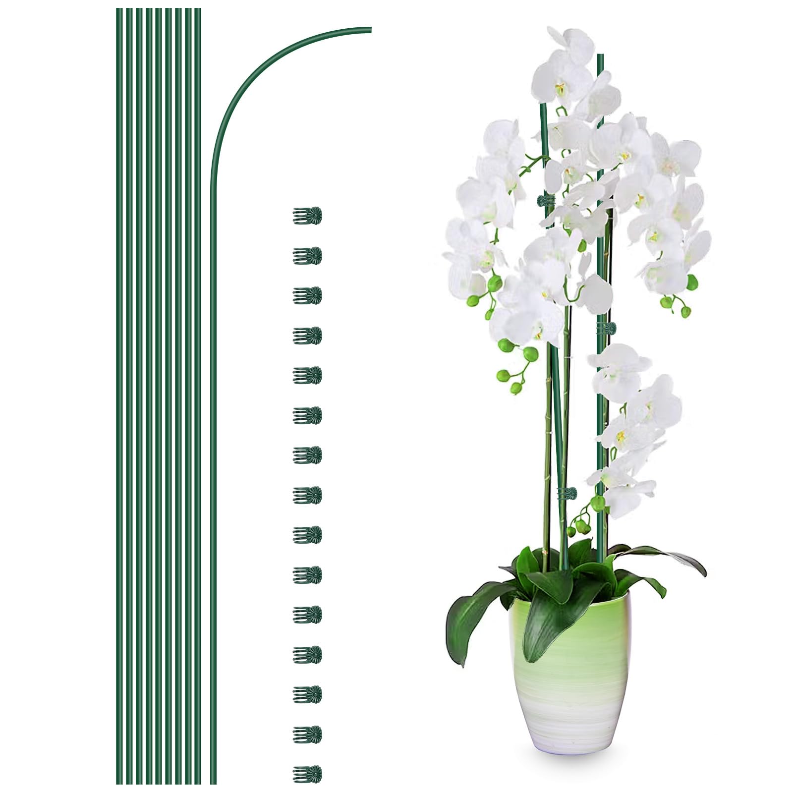 Photo 1 of 10Pcs Plant Support Stakes with 15 Pcs Plant Clips, Plant Sticks for Indoor and Outdoor Plants, Orchid Clips and Stakes,16inch Tall Bendable Single Stem Flower Stakes Bendable (10, Green-16inch)