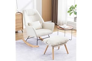 Altrobene Rocking Chair with Ottoman and Pillow, Glider Rocker Chair, Modern Accent Arm Chair Lounger for Living Room/Bedroom/Nursery, High Back, Solid Hardwood Base, Beige