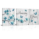 Welmeco 3 Pieces Turquoise Blue Magnolia Flowers Butterflies Painting Canvas Wall Art Amazing Grace Quote Sign Picture Rustic Wood Texture Giclee Prints Artwork for Modern Living Room Bedroom Office