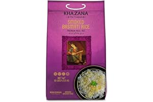 Authentic Smoked Basmati Rice by Khazana in 10 lb Bag - Aromatic and Flavorful Indian Grain - Non-GMO, Gluten Free, Kosher, Cholesterol Free