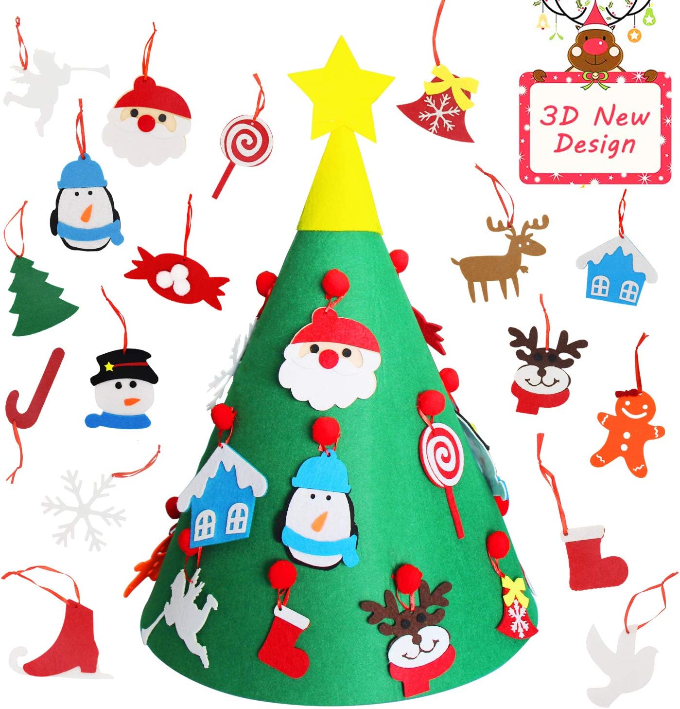 Aiooy 3D Felt Christmas DIY Tree, Toddlers Felt Christmas Tree with 17pcs Ornaments for Christmas Decor or Kids Gifts
