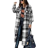 PUWEI Women's Casual Lapel Button Down Long Plaid Shirt Coat Tartan Shacket Jacket